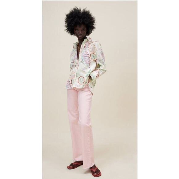 Zara Womens Linen Button Up Size S Rainbow Multicolor Floral Art to Wear Gypsy - Picture 1 of 8